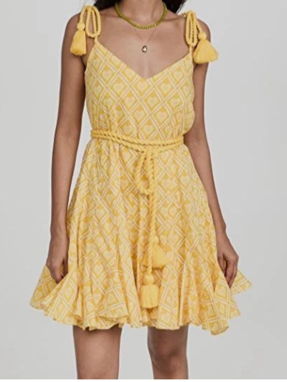 RHODE Yellow Tie-Shoulder Mini Dress with Tassel Rope Belt